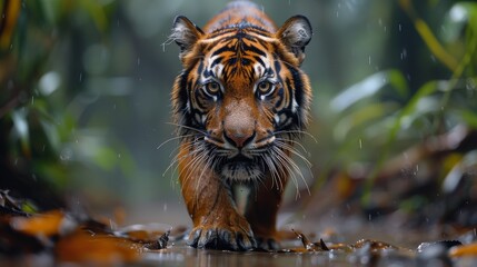 Majestic Tiger Walking Through Lush Rainforest During Light Rain in Early Morning