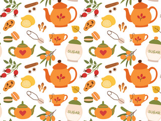 Seamless pattern with teapots, cups, mugs, lemon, cookies on a white background. Tea party. Flat
