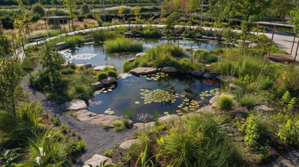 Naklejka premium Green Infrastructure: A system of interconnected natural and semi-natural spaces within urban areas, aimed at improving environmental health and promoting sustainability. 