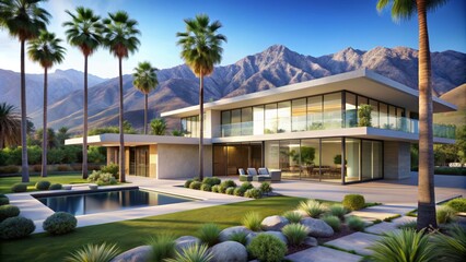 Modern luxurious residence exterior in Palm Springs, featuring sleek lines, vast windows, and lush greenery, surrounded by majestic palm trees and a serene mountain backdrop.