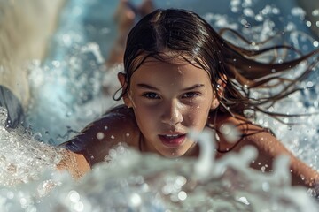 Obraz premium A young child is captured mid-action on a water slide, with water splashing around them, showing excitement and fun in an outdoor aquatic setting.
