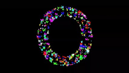 Beautiful illustration of English alphabet O with colorful butterflies on plain black background