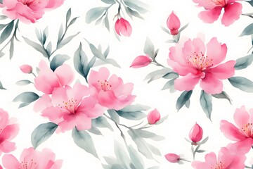 Fototapeta premium Watercolor Chinese pink flowers on white background, AI Generated
