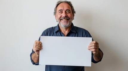 A cheerful man with dark grey hair, beard, and mustache holding a blank white paper, standing against a light-colored background, wearing a blue shirt.