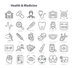 Health and Medicine Line Vector Icon Collection. A set of outline icons related to Medical, Stethoscope, Pill, Doctor, Operation, Diagnostic, Vaccination and more. Editable stroke. Vector illustration