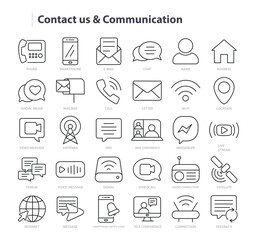 Contact us Line Vector Icon Collection. Communications. A set of outline icons related to Phone, Message, Email, Connection, website, address, Internet and more. Editable stroke. Vector illustration