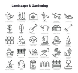 Gardening and Landscape Line Vector Icon Collection. A set of outline icons related to Garden tools, Flower, Tree, Greenhouse, Landscaping, Rake, Bush and more. Editable stroke. Vector illustration