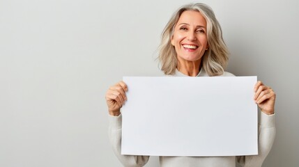 Naklejka premium Cheerful woman with short gray hair holding a blank white piece of paper, smiling against a light backdrop. Ready for any text or advertising message.