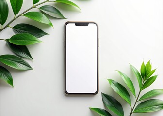 White empty mobile phone screen template mockup for product app ads with green leaves nature organic frame cosmetic flat lay background, trendy minimalist. AI Generative.