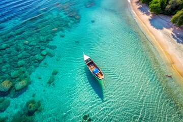 Fototapeta premium Aerial view of a serene summer beach scene with a small boat gently swaying on the shore, amidst gentle waves and crystal-clear turquoise waters.