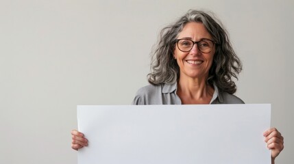 Fototapeta premium A mature woman with grey hair and glasses holds a blank white sign, standing against a plain background. Her friendly smile adds a positive and warm tone to the photo.