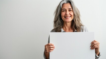 Fototapeta premium A cheerful senior woman with grey hair holds a blank sign, standing against a light grey background. Her warm smile makes the image inviting and positive.