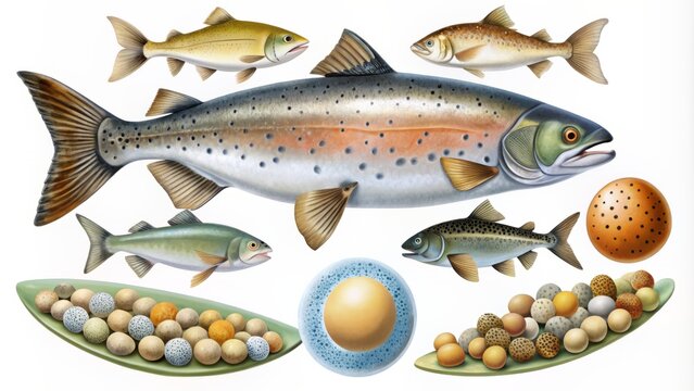 Illustrated lifecycle of Salmon Salmo salar, depicting egg, alevin, fry, smolt, and adult stages, showcasing freshwater to ocean migration and return for spawning.