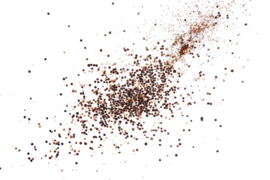 scattered black ground pepper, spice flying isolated on transparent background