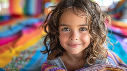 Fototapeta premium Smiling Girl on Colorful Blanket. Young girl with wavy hair and a warm smile lies on a vibrant, colorful blanket, creating a joyful and lively atmosphere.