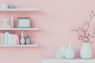 A carefully organized shelf displays decorative books, vases, and photo frames on a calming pastel background, creating an inviting atmosphere. Generative AI