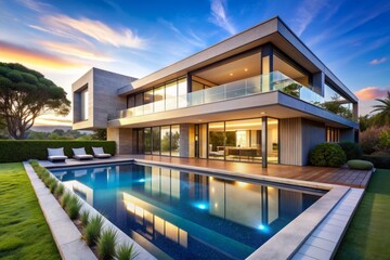 Fototapeta premium Serene modern luxury house with sleek lines, expansive windows, and infinity pool blends seamlessly into lush green surroundings under a vibrant blue sky.