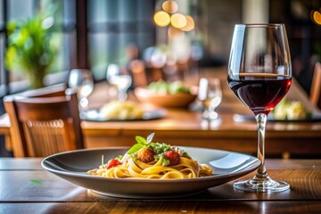 Delicious food arrangement on a table in a modern restaurant, with a half-eaten plate of pasta, a glass of red wine, and a shallow focus background.
