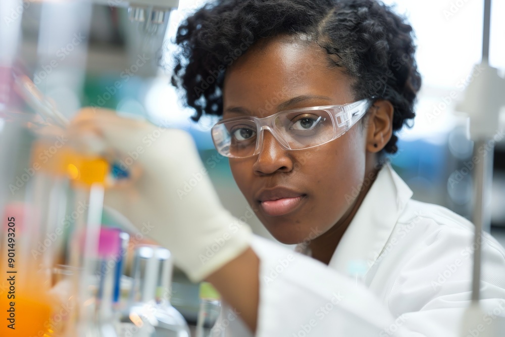 Poster a scientist wearing protective glasses and gloves carefully measures liquids in a laboratory, demons