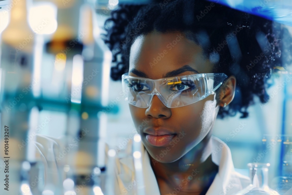 Aufkleber a scientist in a laboratory wearing protective glasses focuses intensely on a scientific experiment,