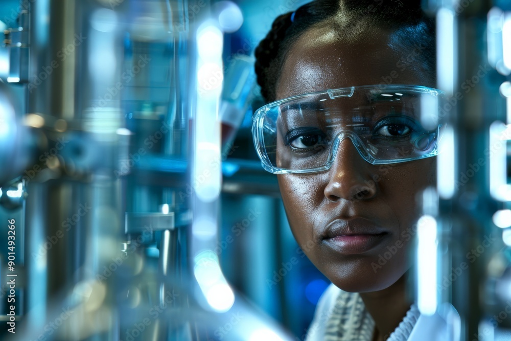 Poster a scientist peers through reflective glasses, surrounded by various laboratory elements, working in 