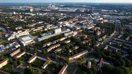 A panorama aerial view of the downtown of the city Wolfsburg in Germany, on a sunny day in early summer.