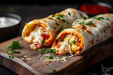 Delicious cheese-filled burritos garnished with herbs on a wooden board.