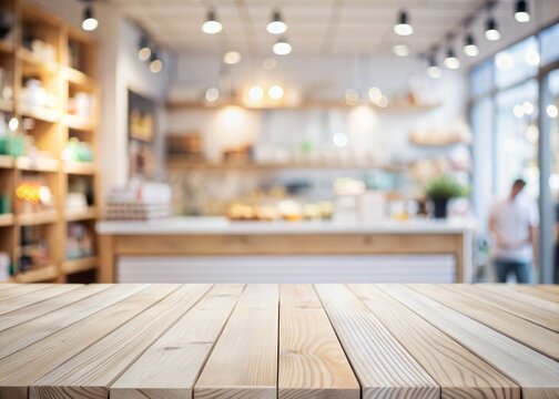 White wooden tabletop background with an empty wood counter surface and blur store/cafe display mockup template.