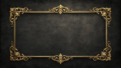 Elegant thin vintage gold frame on dark black background, ornate rectangular shape with subtle distressed texture, perfect for placing text or design elements within.