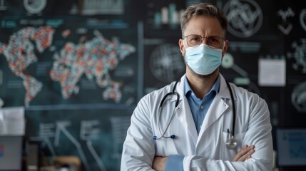 A doctor in a mask, medical statistics in the background.