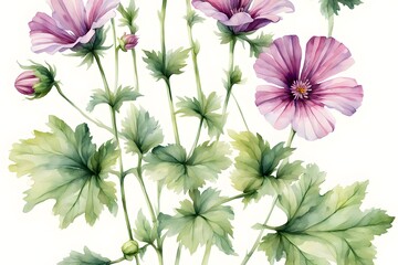 Watercolor common mallow flowers on white background, AI Generated