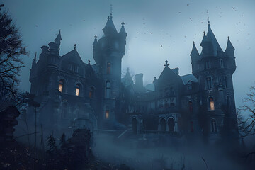Spooky old gothic castle, foggy night, haunted mansion