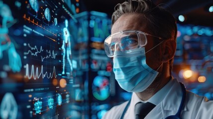 A doctor in a mask, medical statistics in the background.