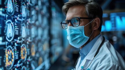 A doctor in a mask, medical statistics in the background.