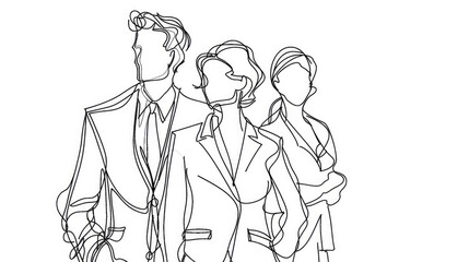 pencil line drawing of three businesspeople on white background