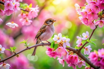Fototapeta premium A solitary bird perched on a delicate branch of a blooming tree, surrounded by lush green leaves and vibrant pink flowers, in soft natural light.