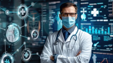 A doctor in a mask, medical statistics in the background.