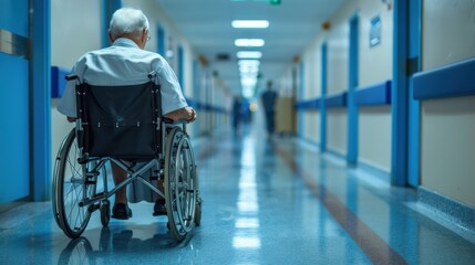 an old patient in a wheelchair in a hospital corridor