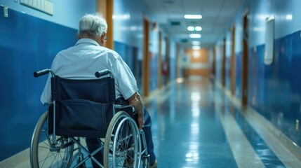 Obraz premium an old patient in a wheelchair in a hospital corridor