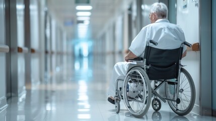 an old patient in a wheelchair in a hospital corridor