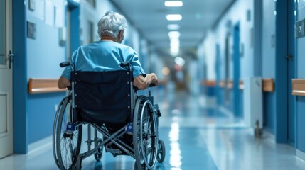 an old patient in a wheelchair in a hospital corridor