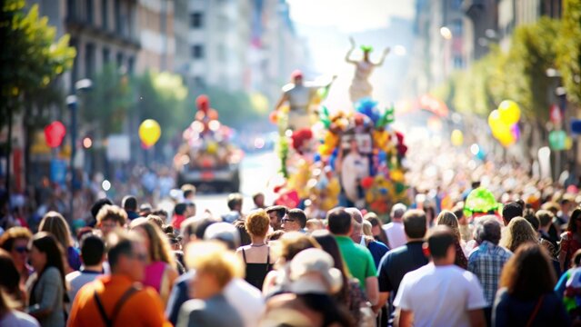 Crowd at Street Parade - A bustling crowd at a street parade with floats and decorations in a soft, blurred background.
