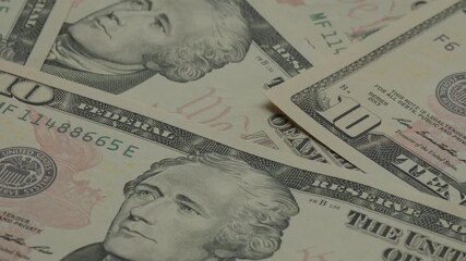 United States 10 Dollar bills rotating macro video. Financial industry. Monetary policy.