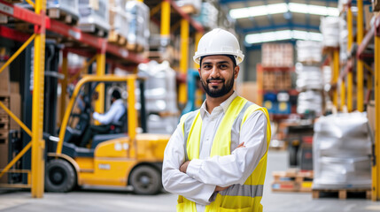 Confident Saudi Arabian Warehouse Worker in Safety Vest and Hard Hat, Logistics and Distribution Center