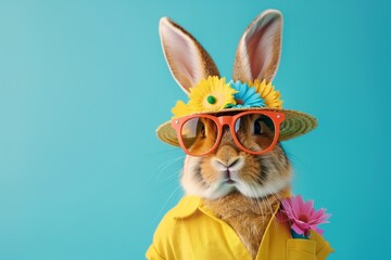 Celebrate Easter with a colorful bunny in a cool sunny outfit.