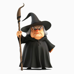 Obraz premium An Angry Cartoon Witch Holding a Curved Wooden Staff