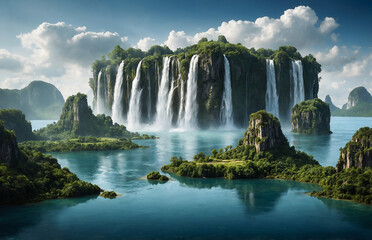 surreal magical waterfall in the mountains fictional