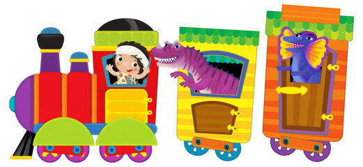 Cartoon funny looking colorful wagon with dino dinosaur animal lizard and caveman conductor isolated illustration for children