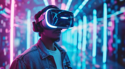 Man Experiencing Virtual Reality with Neon Lights