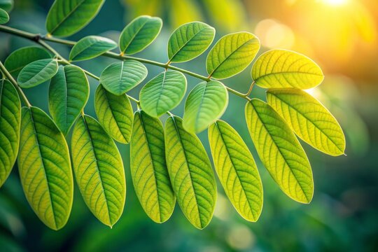 Vibrant green senna leaves with delicate veins and soft edges clustered on a slender branch, illuminated by natural light against a blurred background.